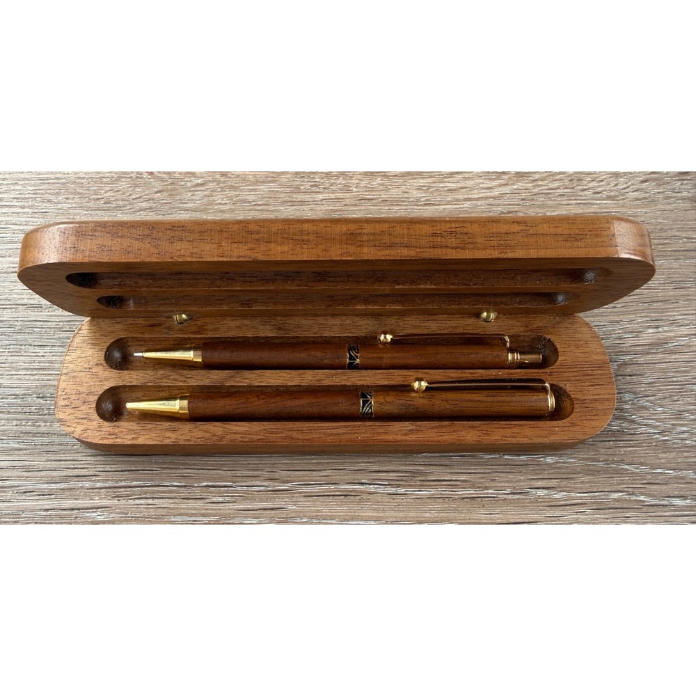 Handcrafted Wooden Pen and Pencil Set with Matching Wood Presentation Case Gold